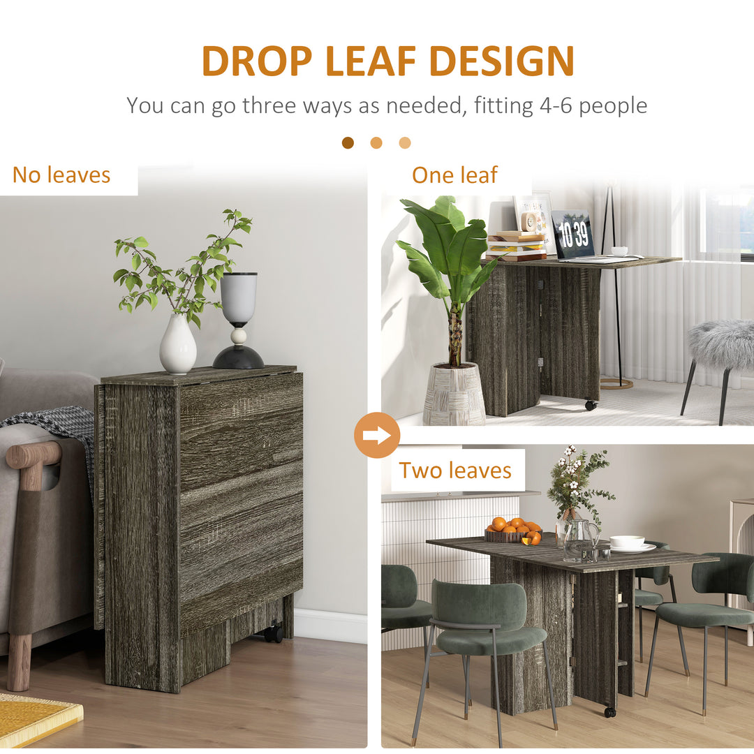 Folding Dining Table, Drop Leaf Table with 2-Tier Shelves, Rolling Casters, for Small Spaces, Kitchen, Grey