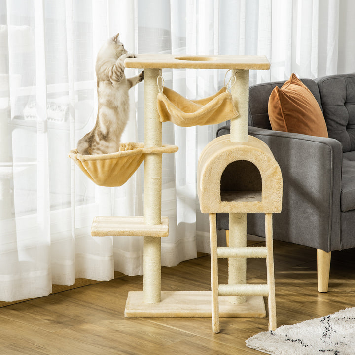 PawHut Cat Tree with Scratching Post, Hammock, Condo, Basket, Ladder Activity Centre for Kittens, 98 cm, Beige | Aosom UK