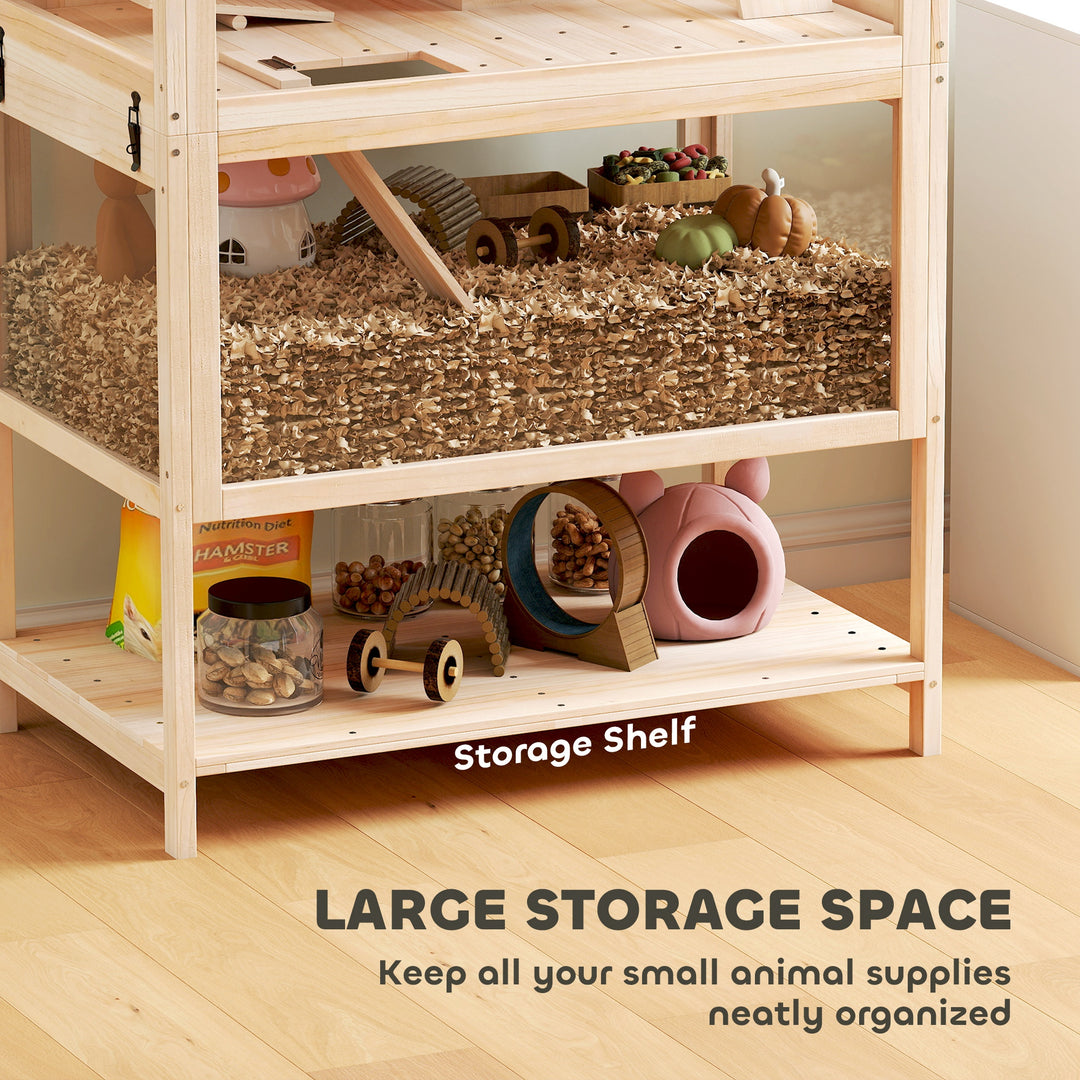 Wooden Hamster Cage with Detachable Lower Floor, Storage Shelf, Hut, Seesaw, Exercise Wheel, Ramps for Hamster