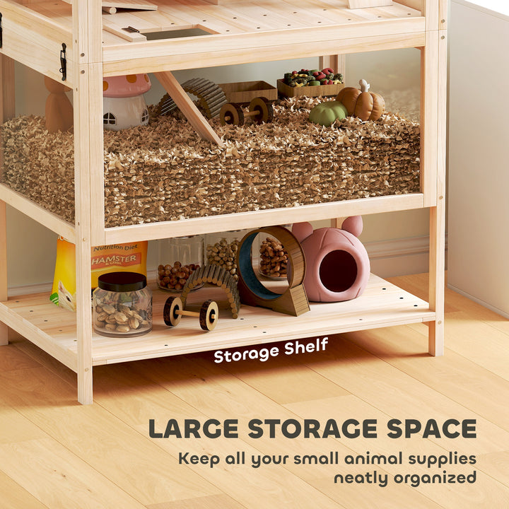 Wooden Hamster Cage with Detachable Lower Floor, Storage Shelf, Hut, Seesaw, Exercise Wheel, Ramps for Hamster