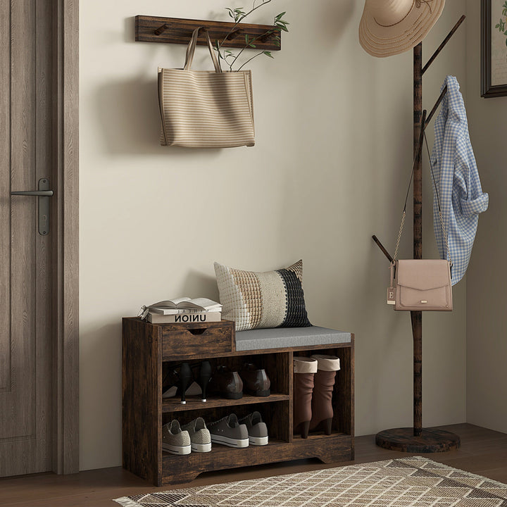 Multi-Compartment Shoe Bench, with Seat - Rustic Brown