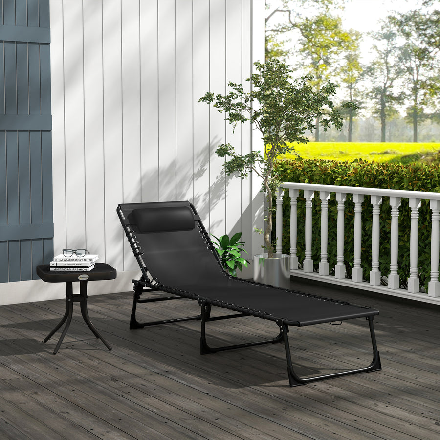 Foldable Sun Lounger, Outdoor 4 Level Adjustable Backrest Reclining Chaise Chair, Steel Frame Recliner Chair for Camping, Hiking, Black