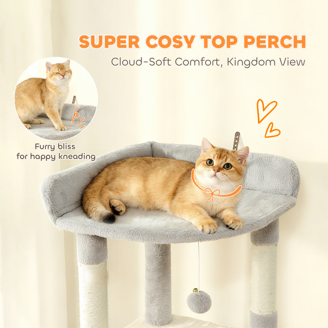 MCL 170 cm Large Cat Tree, Cat Tower with 7 Scratching Posts, Tunnel, 2 Condos, Hammock, Perch, Ramp, Pompoms, Light Grey