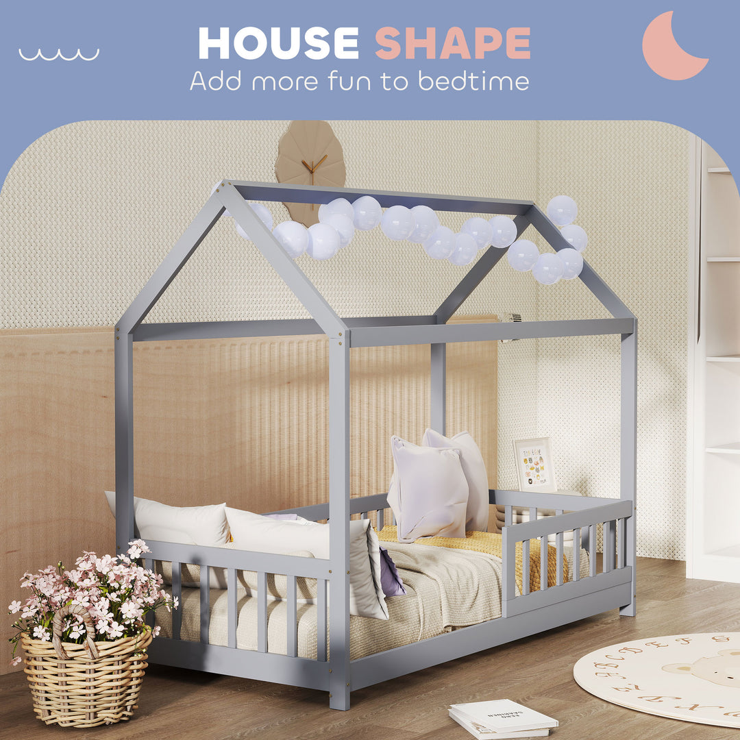 House-Shaped Kids Bed Frame with Guard Rails, Solid Pine Wood Single B