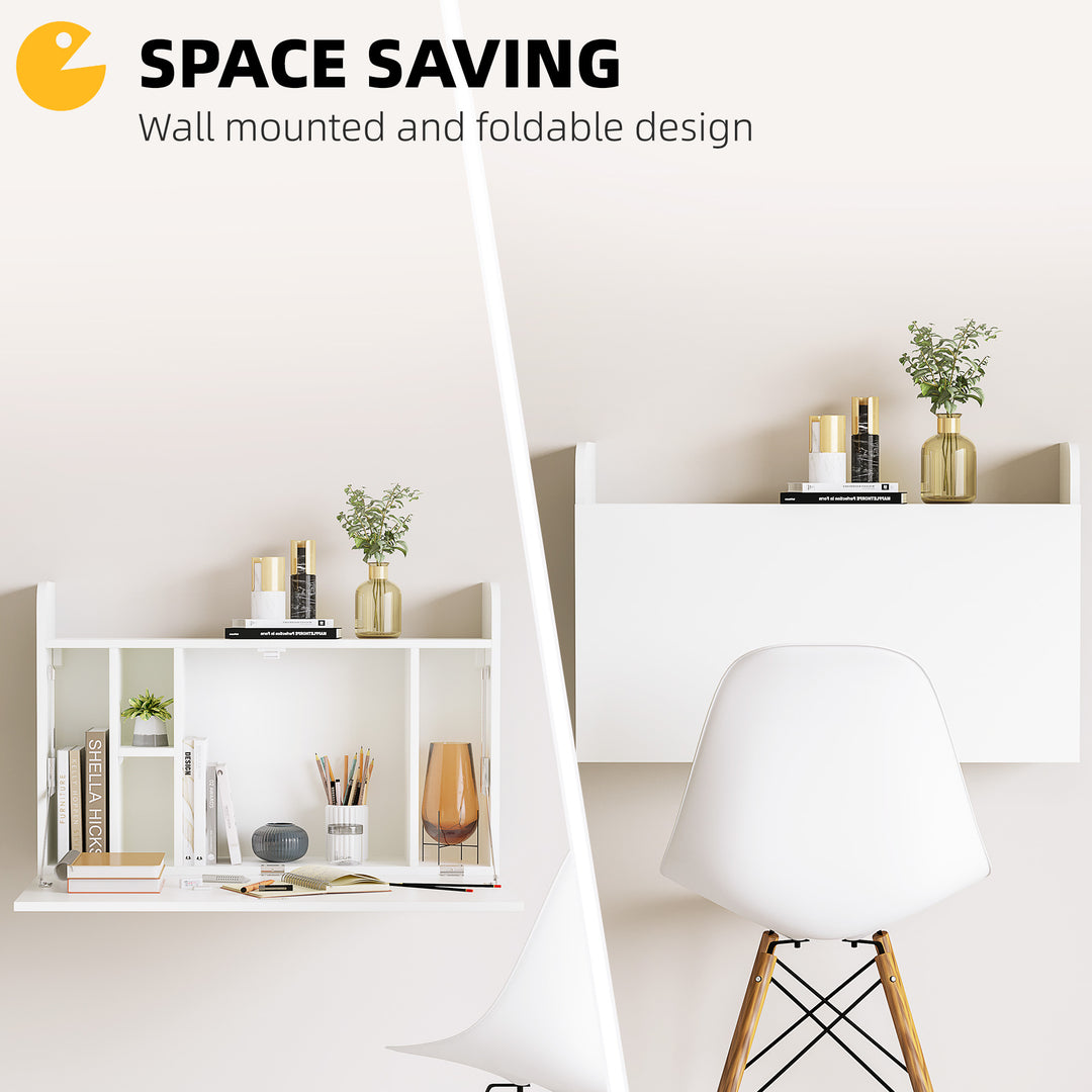 Wall Mounted Table, Drop Leaf Floating Laptop Desk with Space Saving Storage Compartments for Home Office and Study, 77cm x 20cm x 51cm, White