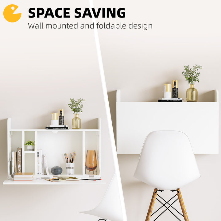 Wall Mounted Table, Drop Leaf Floating Laptop Desk with Space Saving Storage Compartments for Home Office and Study, 77cm x 20cm x 51cm, White