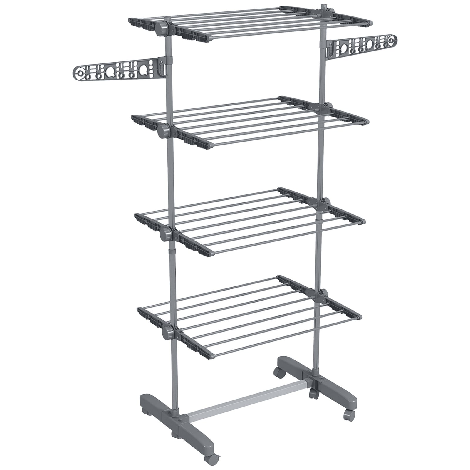 Four-Shelf Collapsing Clothes Horse, With Side Arms and Wheels - Grey
