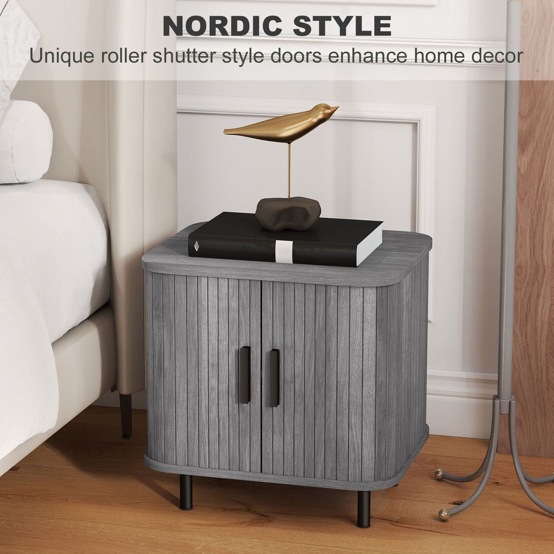 Bedside Table, Nordic Side Table with Roller Shutter Style Sliding Doors and Metal Legs for Bedroom, Living Room, Grey