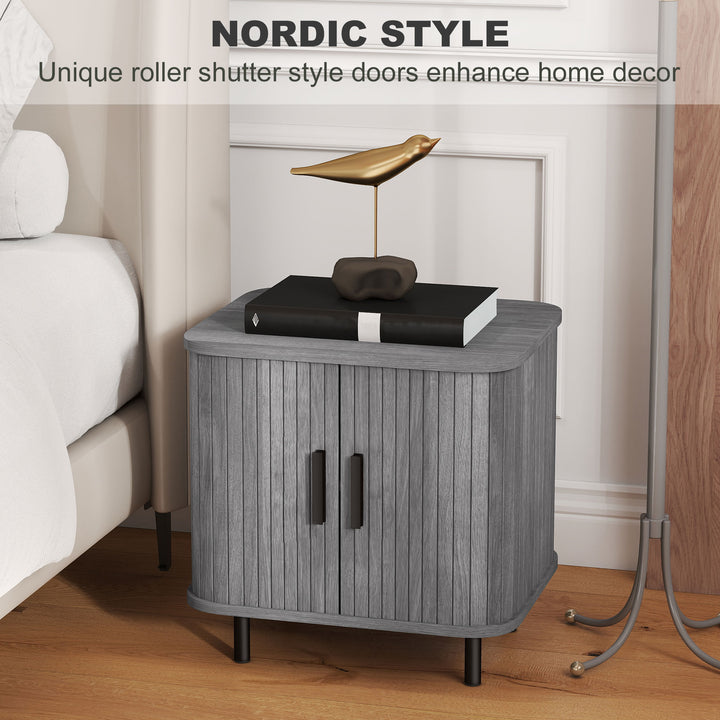 Bedside Table, Nordic Side Table with Roller Shutter Style Sliding Doors and Metal Legs for Bedroom, Living Room, Grey