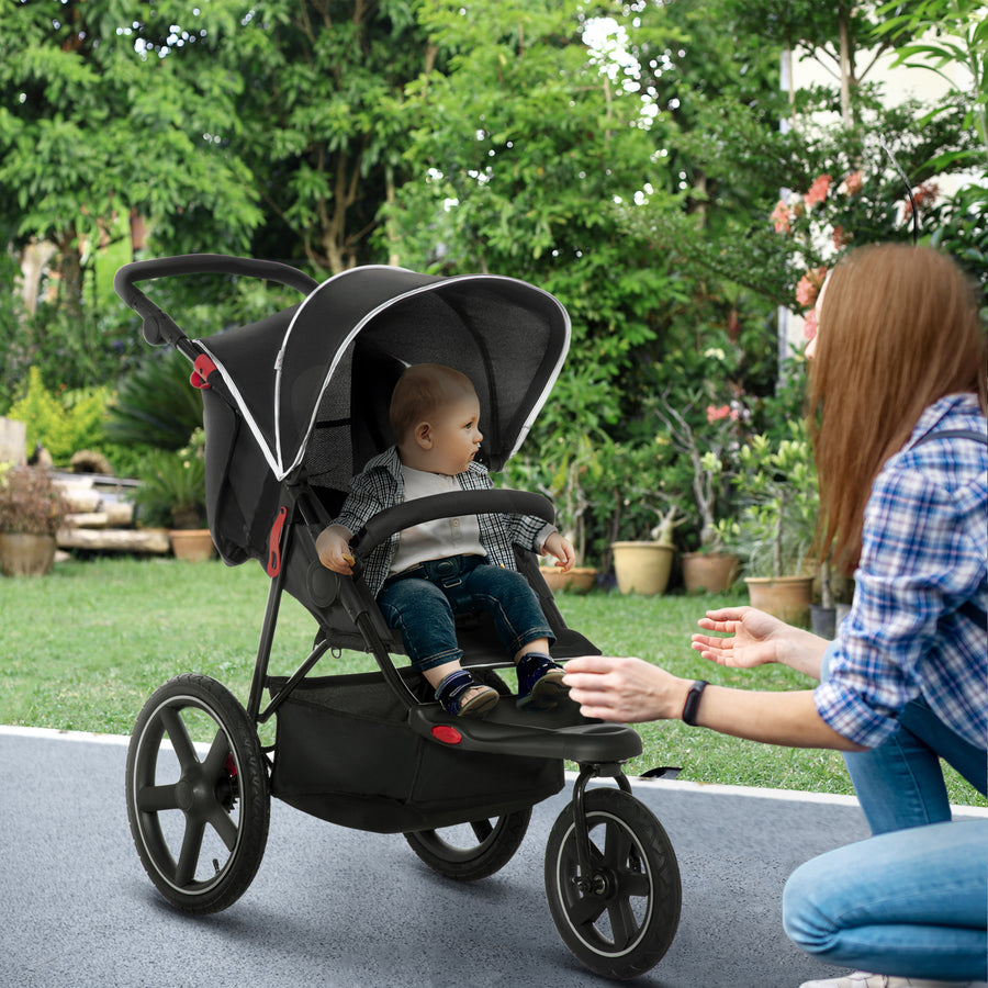Foldable Three-Wheeler Baby Stroller w/ Canopy, Storage Basket - Black