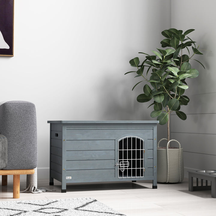 Wooden Dog House with Removable Bottom, Wire Door, Openable Top, Pet Shelter for Small Dog, 80 x 55 x 53.5cm, Dark Grey