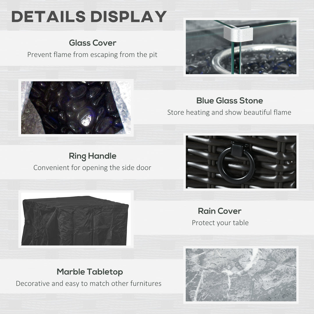 Outdoor PE Rattan Gas Fire Pit Table, Patio Square Propane Heater with Marble Desktop, Rain Cover, Glass Windscreen, and Glass Stones, 50,000 BTU, Black