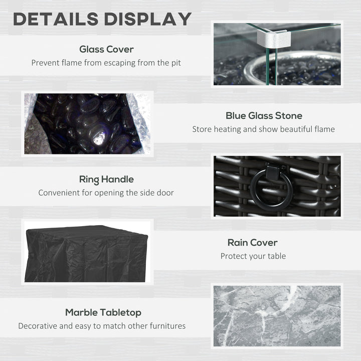 Outdoor PE Rattan Gas Fire Pit Table, Patio Square Propane Heater with Marble Desktop, Rain Cover, Glass Windscreen, and Glass Stones, 50,000 BTU, Black