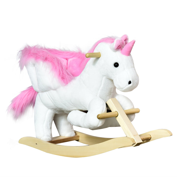 HOMCOM Unicorn Rocking Horse Kids Wooden Ride On Plush Toy w/ Music