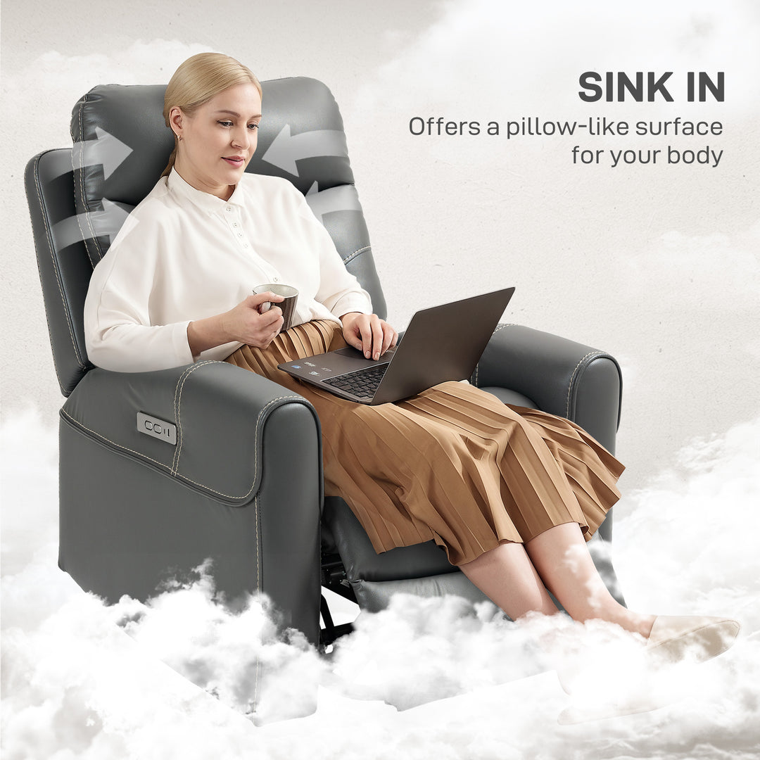 Power Lift Recliner Chair for Elderly, Overstuffed Faux Leather Riser and Reclining Chair with USB A+C Ports, Remote Control, Recliner Armchair for Living Room, Charcoal Grey
