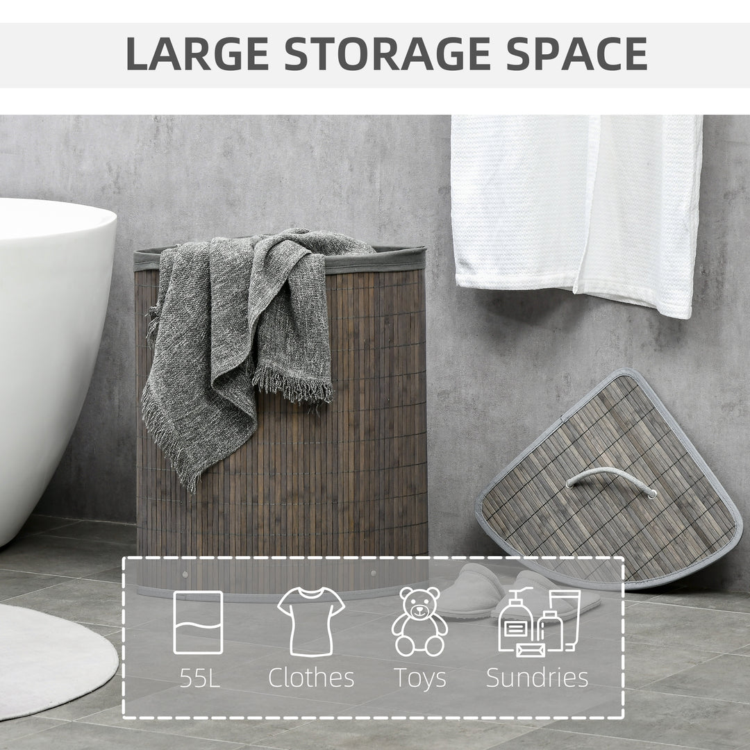 Bamboo Laundry Basket with Lid, 55 Litres Laundry Hamper with Removable Washable Lining, Corner Washing Baskets, 38 x 38 x 57cm, Grey