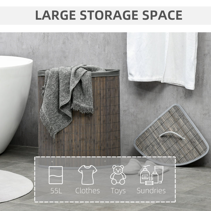 Bamboo Laundry Basket with Lid, 55 Litres Laundry Hamper with Removable Washable Lining, Corner Washing Baskets, 38 x 38 x 57cm, Grey