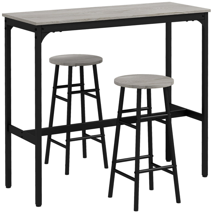 3 Piece Bar Table Set with 2 Stools, Industrial Bar Table and Stool Set, Dining Table and Chair Set, Grey
