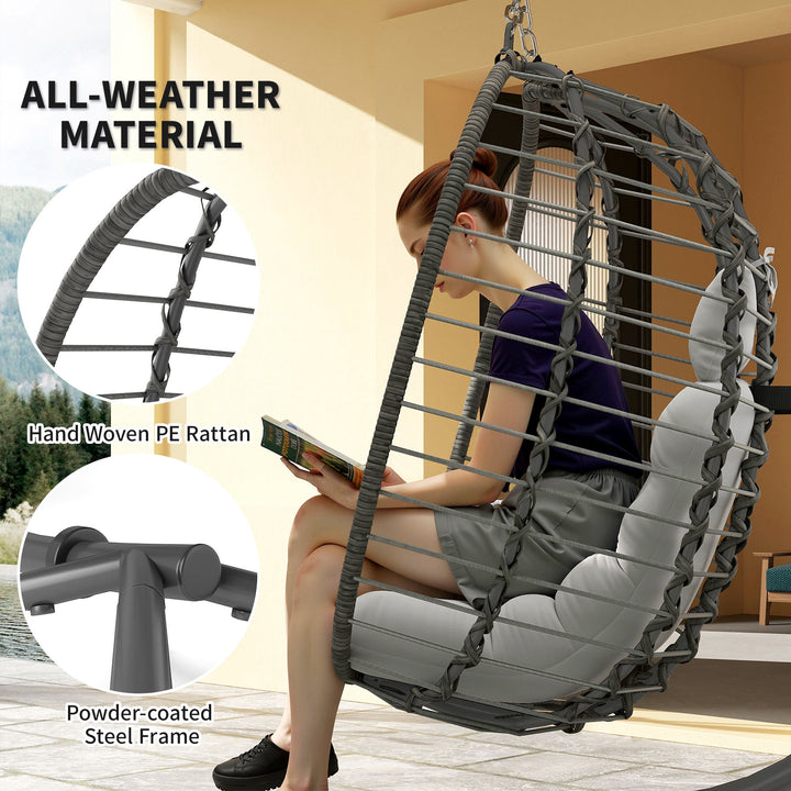 Rattan Hanging Egg Chair, Foldable Wicker Hammock Swing Chair with Cushion, Stand, Adjustable Height, Head Pillow, Steel Frame for Garden Patio Indoor Outdoor, Light Grey