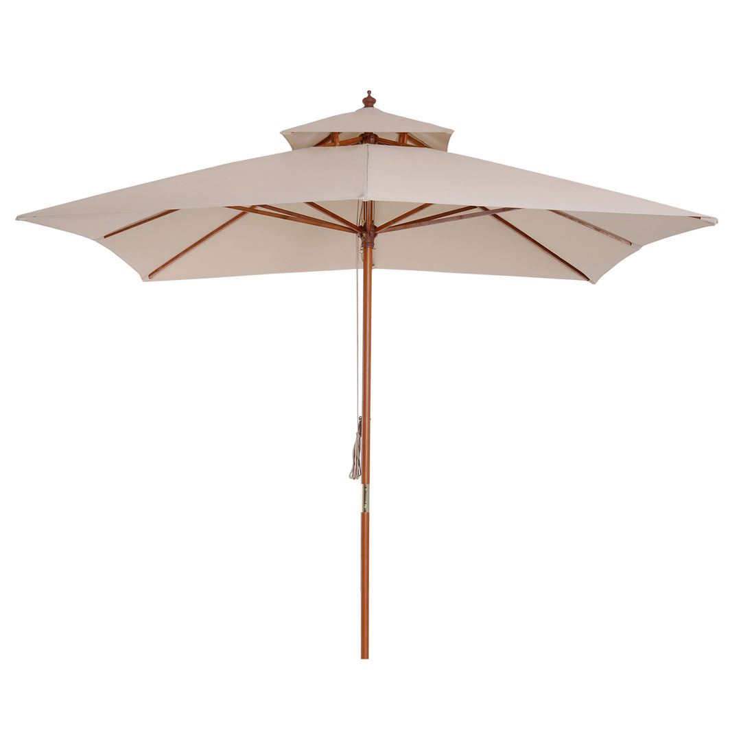 MCL 3 x 3 metre Patio Parasol Garden Umbrellas Sunshade Outdoor Wooden Parasol Canopy Double Tier, Beige, BASE NOT INCLUDED