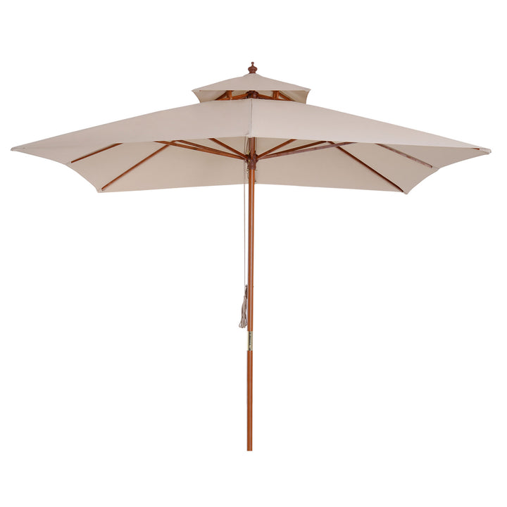 3 x 3 metre Patio Parasol Garden Umbrellas Sunshade Outdoor Wooden Parasol Canopy Double Tier, Beige, BASE NOT INCLUDED