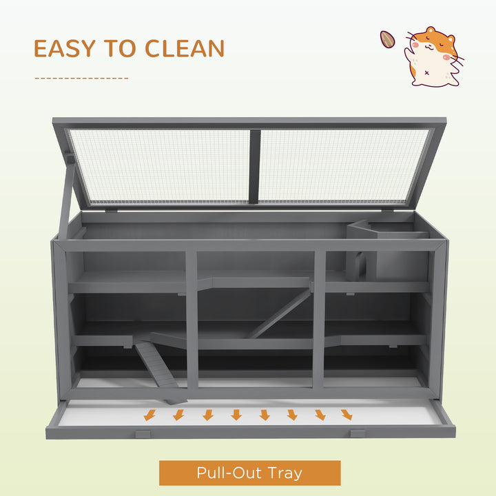 Wooden Hamster Cage, Small Animals Hutch with Tray, Openable Top, Exercise Play House Pen, 115L x 57W x 55Hcm, Grey