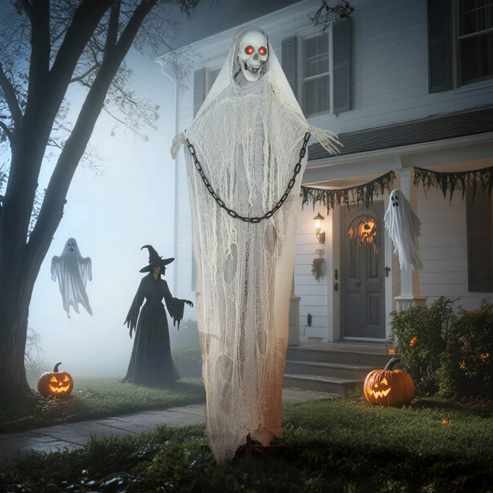 Outsunny 183 cm Life Size Halloween Animated Skeleton Grim Reaper with Glowing LED Eyes, Scary Halloween Decorations, Battery Operated, Indoor Party Props