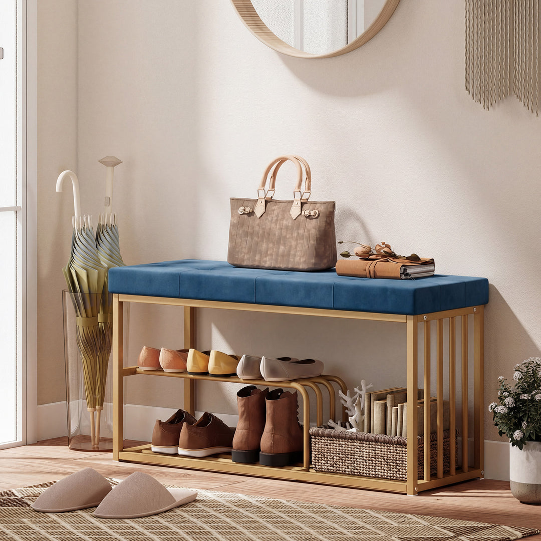 Bench and Shoe Storage, Tufted Shoe Storage Bench with Velvet Seat Cus
