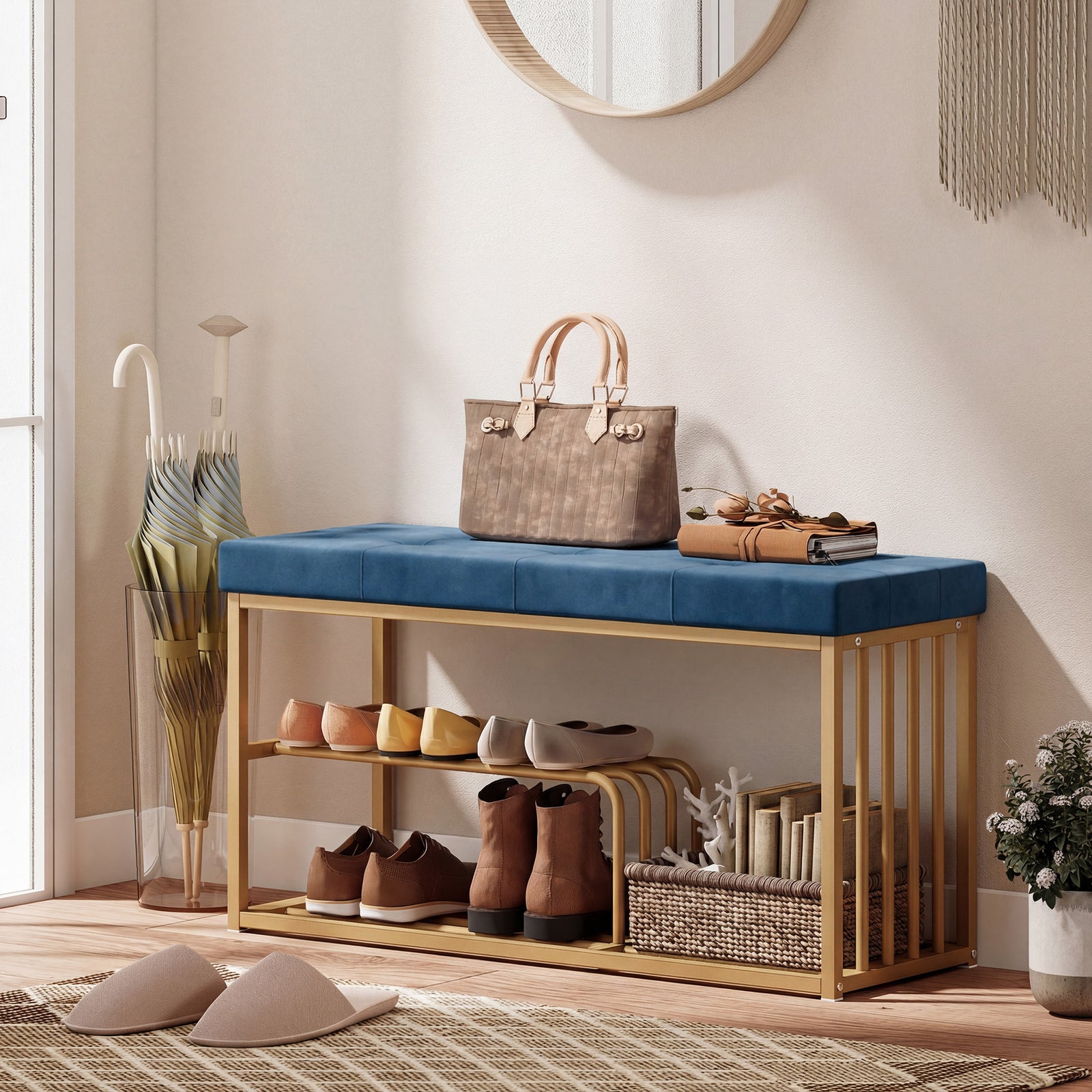 Bench and Shoe Storage, Tufted Shoe Storage Bench with Velvet Seat Cus