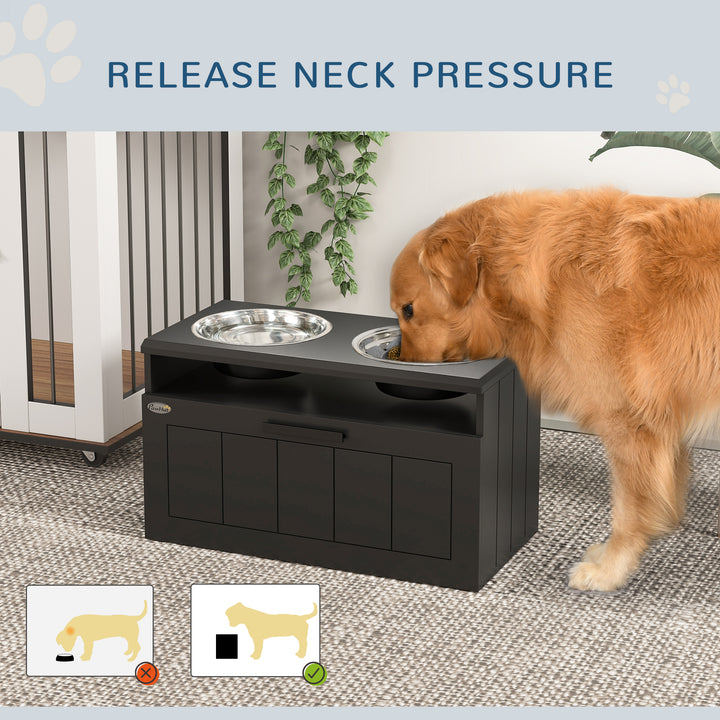 Raised Dog Bowl with Slow Feeder, Two Stainless Steel Dog Bowls, Drawer, for Large and Extra Large Dogs, Black