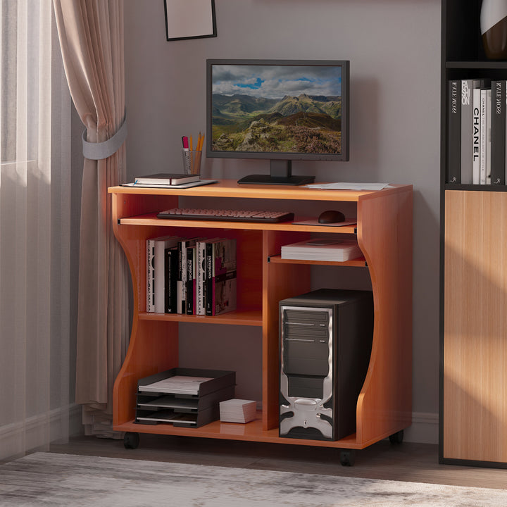 Multi-Storage Compact Work Desk, with Wheels - Cherry Wood Colour