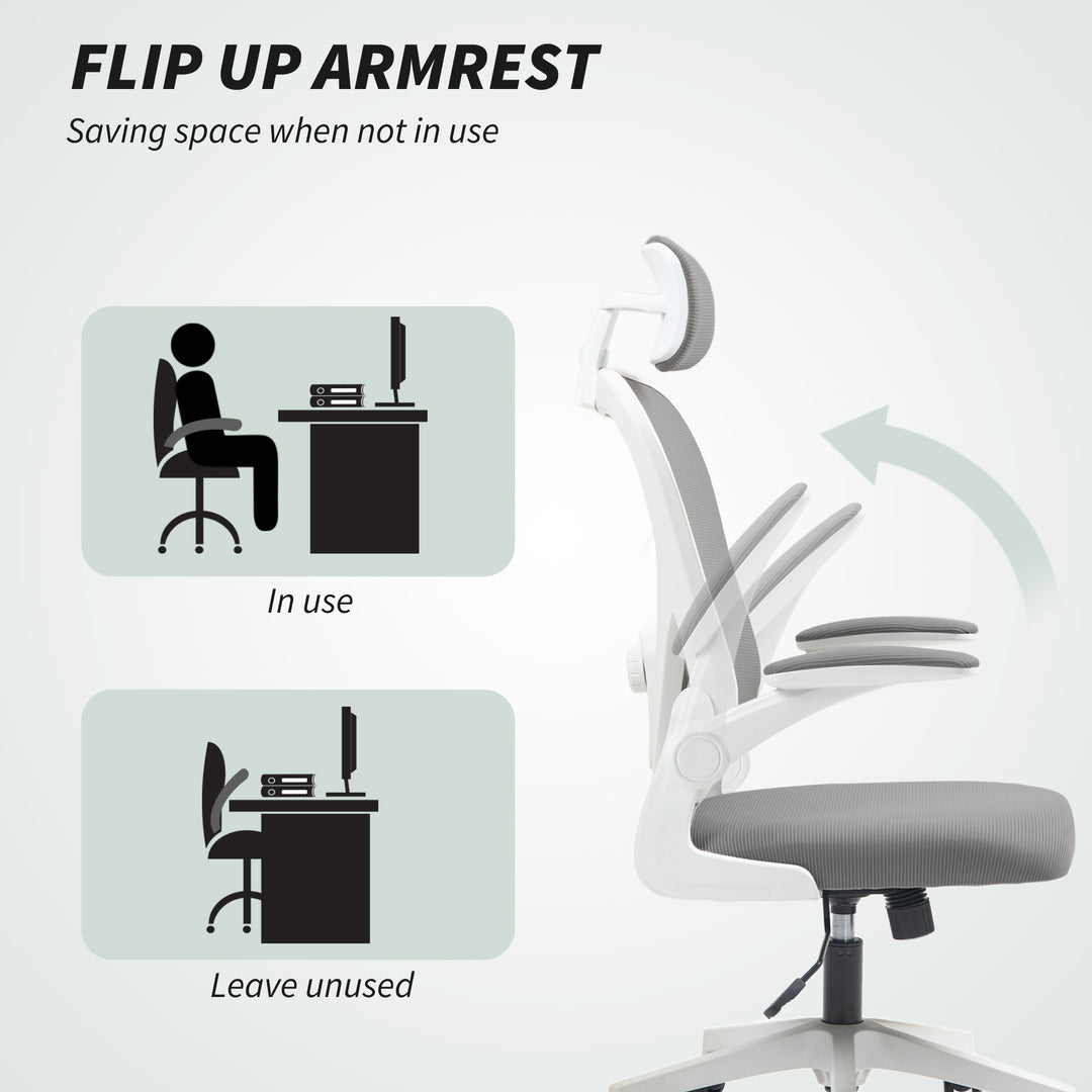Executive Office Chair, Ergonomic Mesh High Back Desk Chair with Flip-up Armrest, Rotatable Headrest, Adjustable Lumbar Support for Home Study, Grey