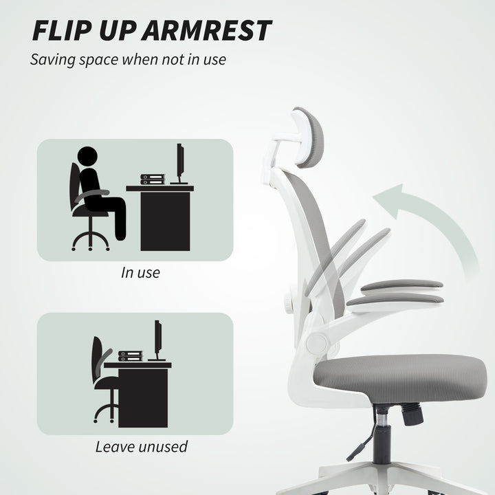 Executive Office Chair, Ergonomic Mesh High Back Desk Chair with Flip-up Armrest, Rotatable Headrest, Adjustable Lumbar Support for Home Study, Grey