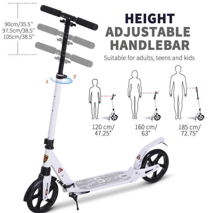 HOMCOM Folding Kick Scooter 2 Big Wheels Teens Adult  14+ Adjustable Ride On White