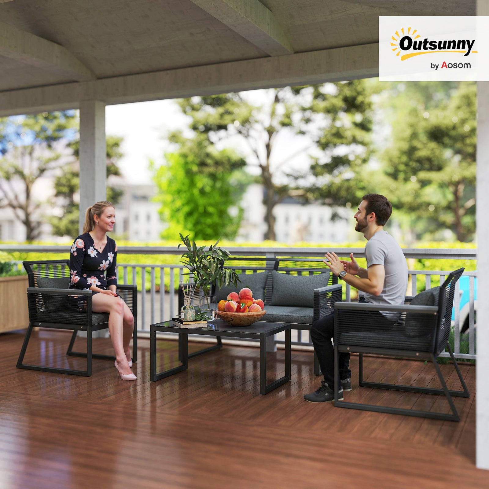 4 Pieces Rattan Garden Furniture Set - Charcoal Grey