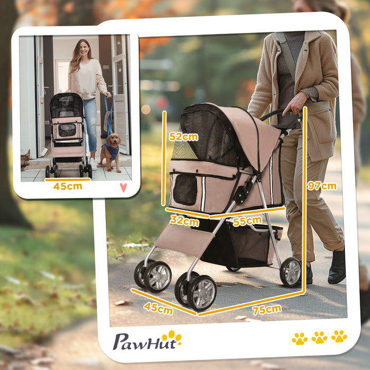 Pet Stroller for Small Miniature Dogs Cats Foldable Travel Carriage with Wheels Zipper Entry Cup Holder Storage Basket Brown