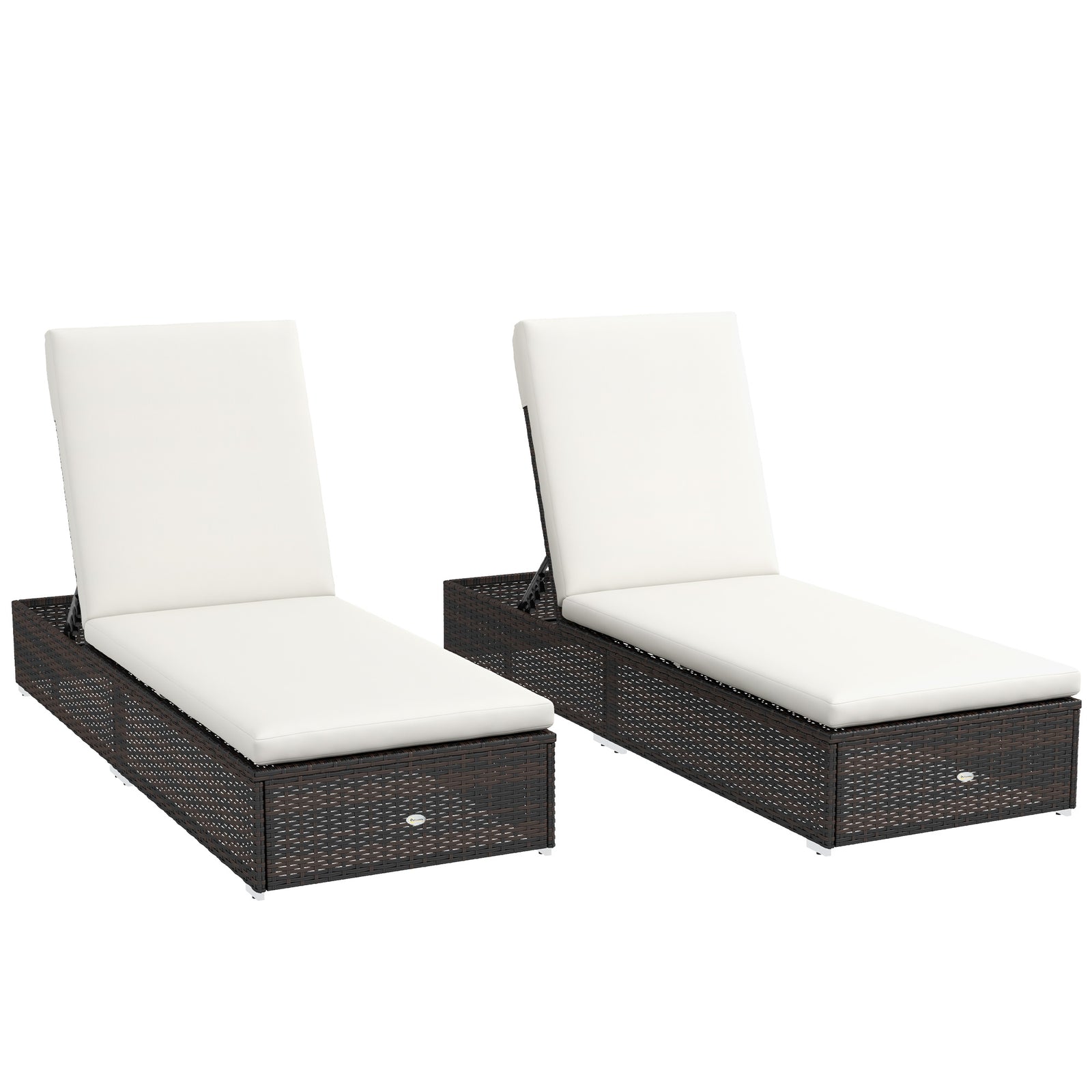 Set of Two Rattan Sun Loungers, with Reclining Backs - Brown/Cream