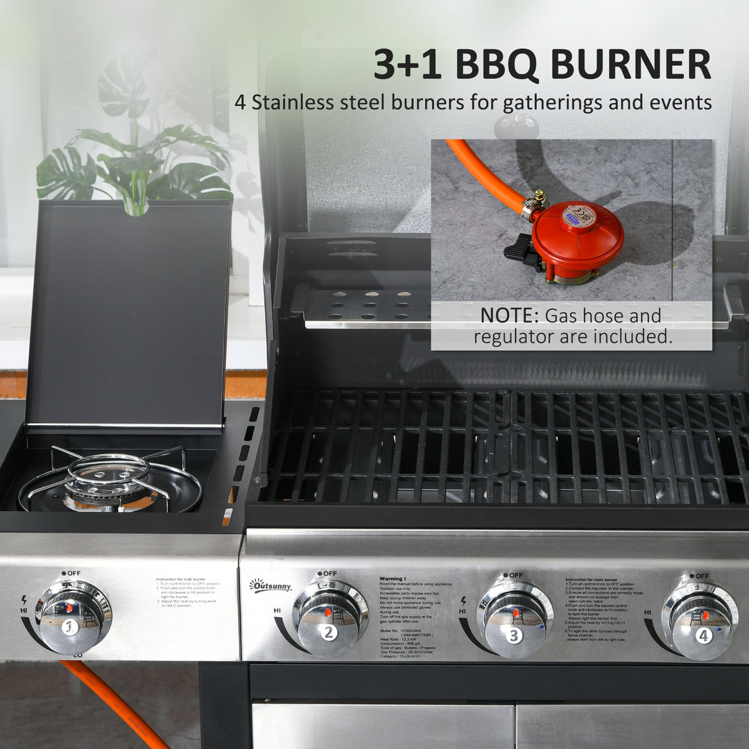 Gas Barbecue Grill 3+1 Burner Garden Smoker BBQ Trolley w/ Side Burner Warming Rack Side Shelves Storage Cabinet Piezo Ignition Thermometer Stainless Steel + Metal
