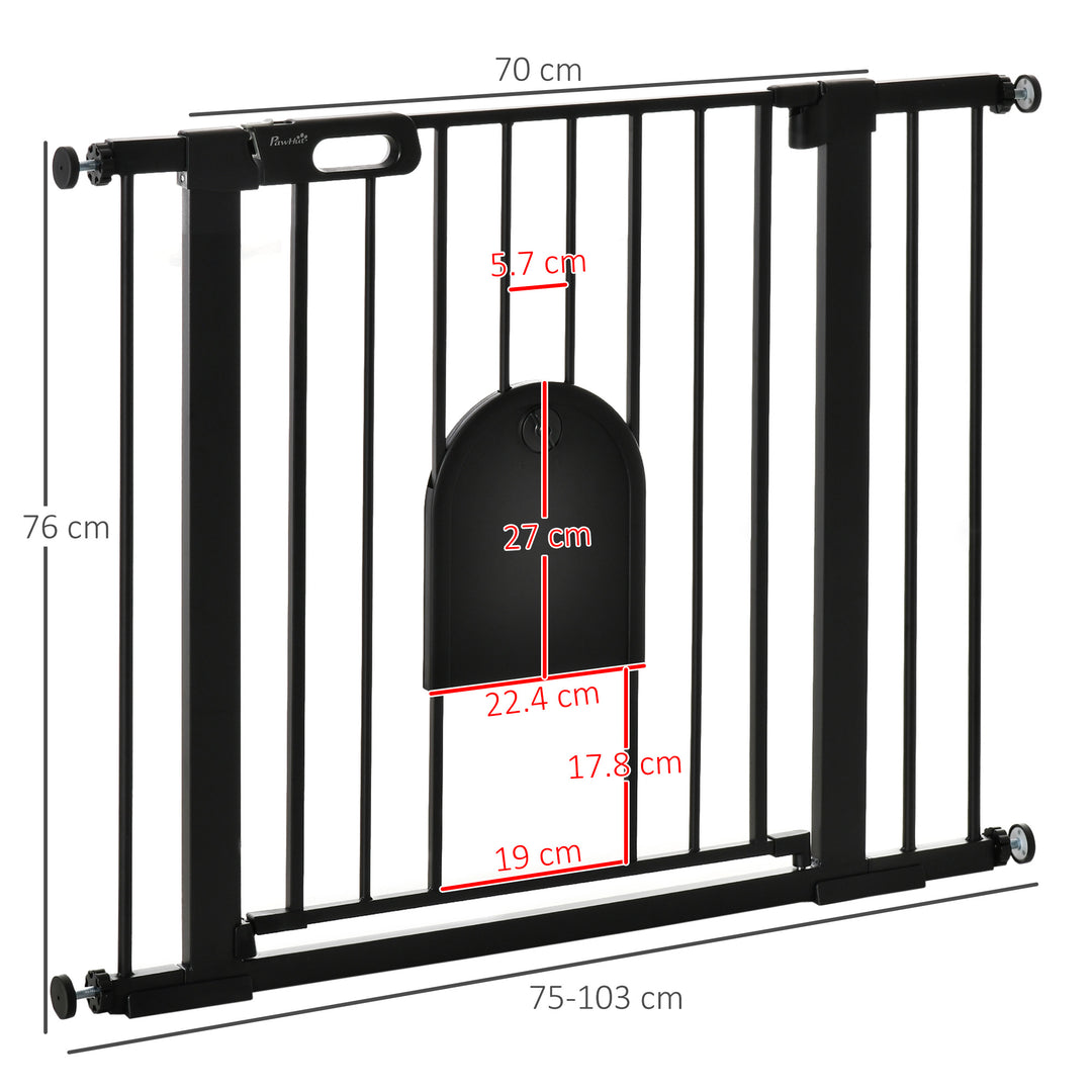 MCL Dog Gate with Cat Flap Pet Safety Gate Barrier, Stair Pressure Fit, Auto Close, Double Locking, for Doorways, Hallways, 75-103 cm Black