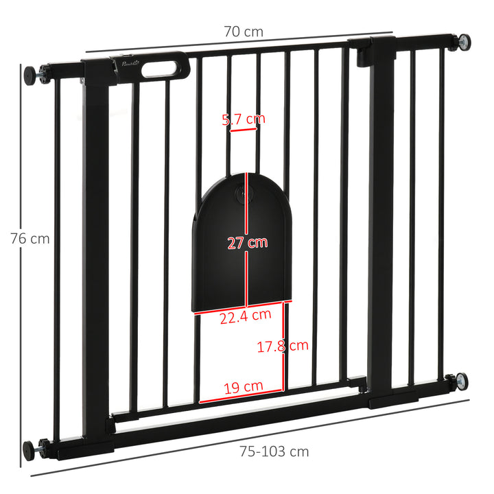MCL Dog Gate with Cat Flap Pet Safety Gate Barrier, Stair Pressure Fit, Auto Close, Double Locking, for Doorways, Hallways, 75-103 cm Black