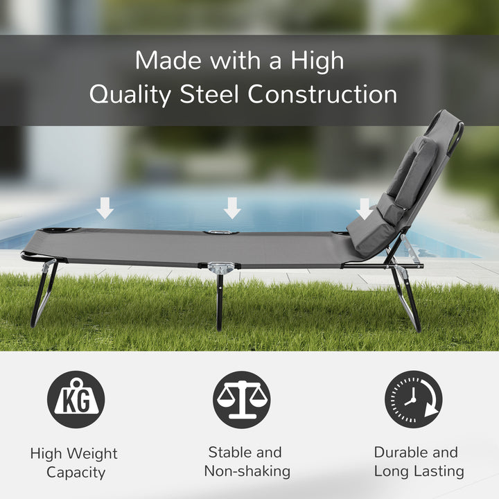 Outsunny Sun Lounger Foldable Reclining Chair with Pillow and Reading Hole Garden Beach Outdoor Recliner Adjustable Grey