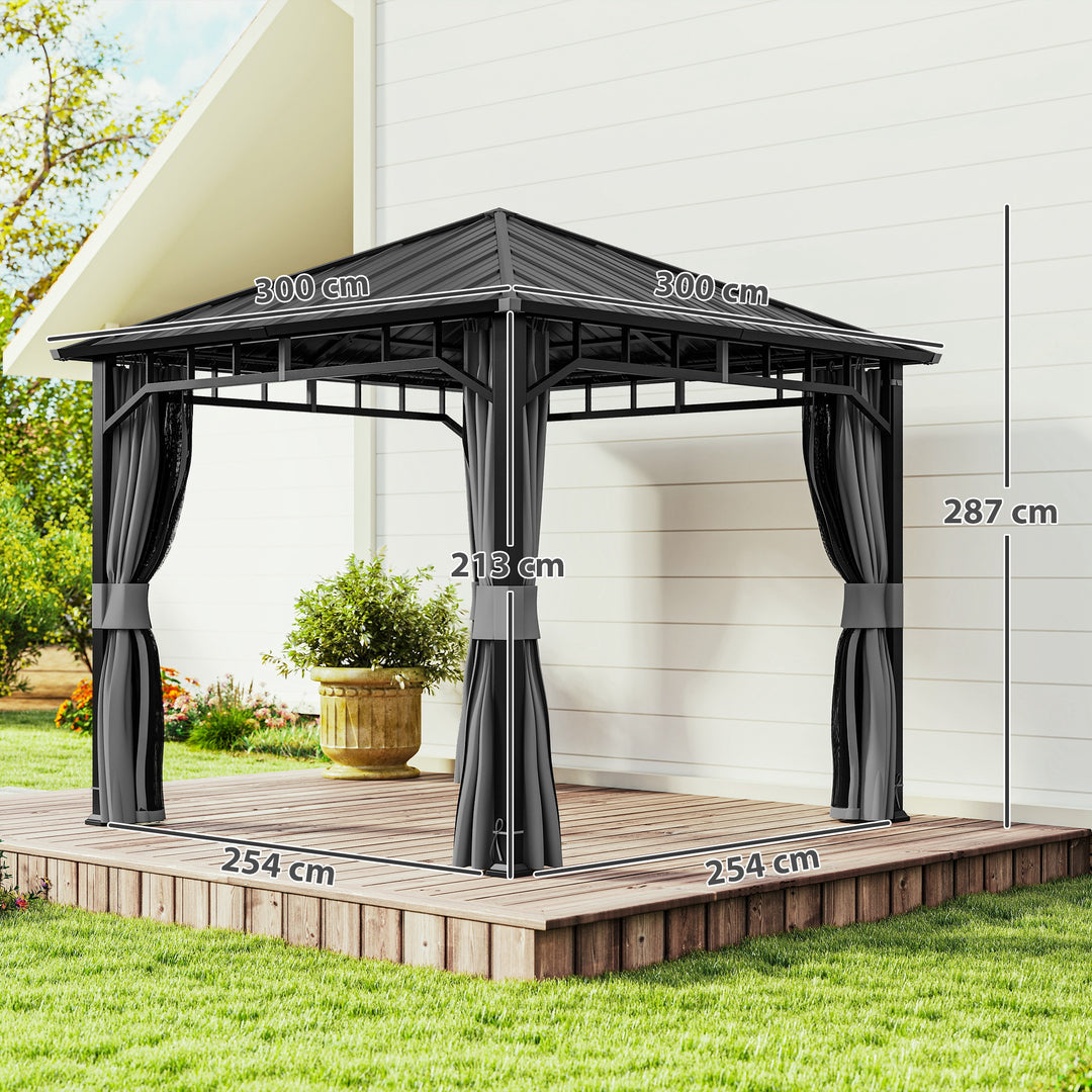 3 x 3(m) Hardtop Gazebo with Galvanised Steel Roof and Water Gutter, Waterproof Permanent Pavilion Garden Gazebo with Netting and Curtains for Patio, Deck