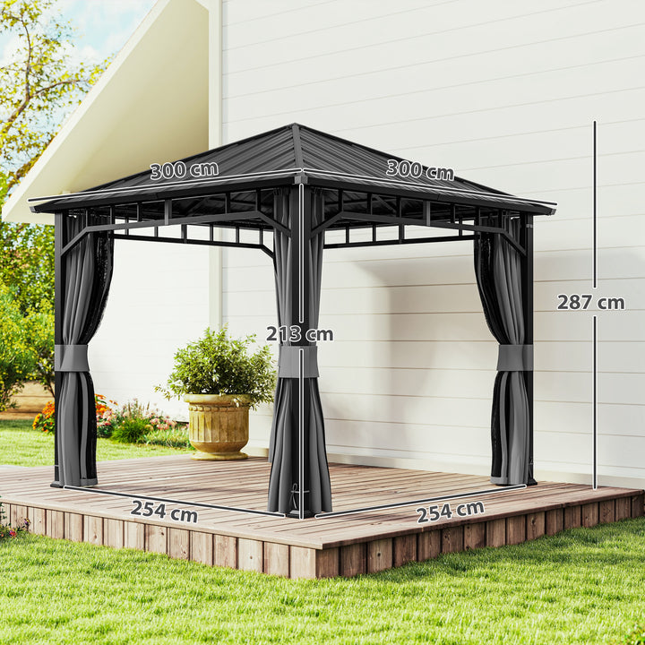 3 x 3(m) Hardtop Gazebo with Galvanised Steel Roof and Water Gutter, Waterproof Permanent Pavilion Garden Gazebo with Netting and Curtains for Patio, Deck