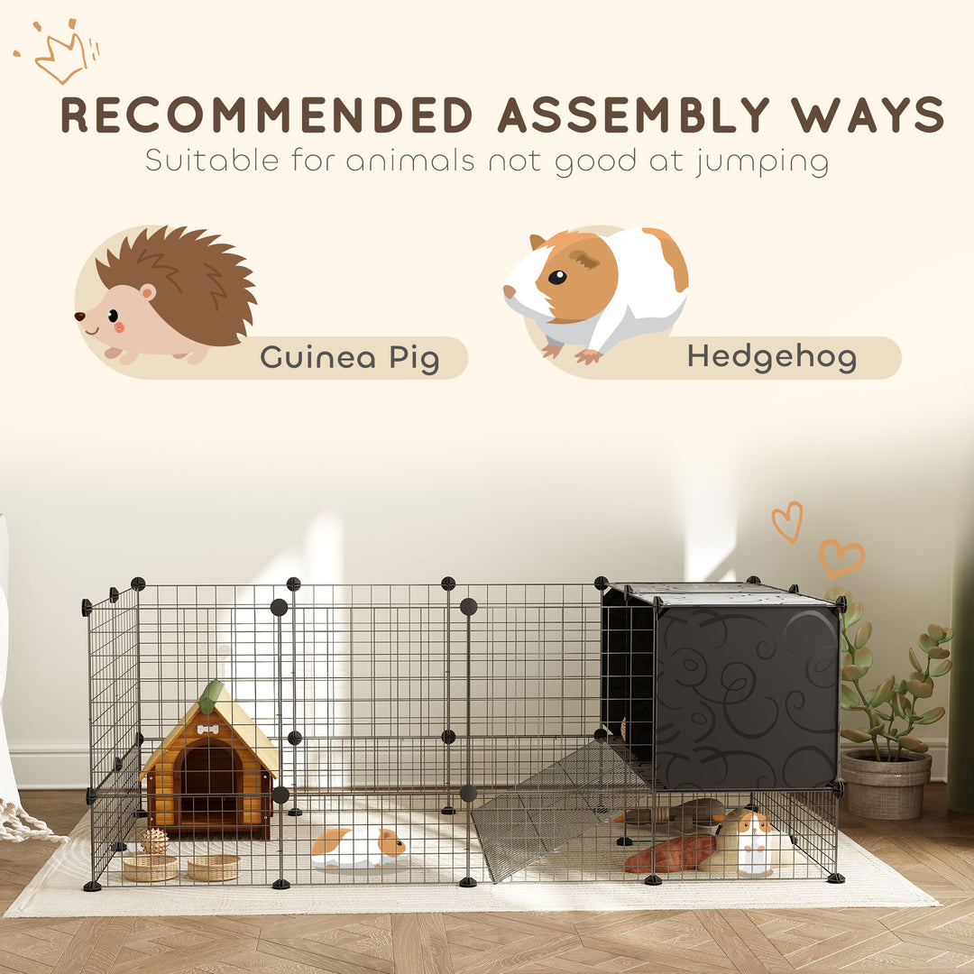 DIY Small Animal Cage with Elevated Huts, C&C Cage for Guinea Pigs, Hedgehogs, Rabbits, 31 Panels, Black