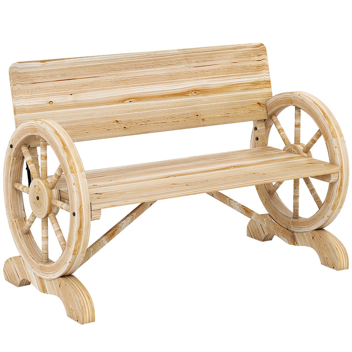 Fir Wood 2-Seater Outdoor Garden Wagon Wheel Bench, Natural Wood Finis