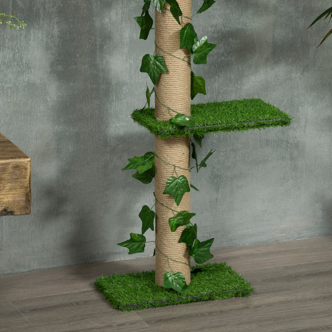 242cm Adjustable Floor-To-Ceiling Cat Tree, with Artificial Decoration, Perches, Anti-Slip Kit - Green