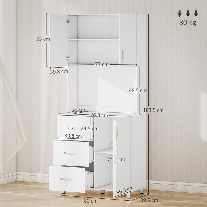 Free standing Kitchen Cupboard, Storage Cabinet with Doors and Sheleves, 3 drawers and Open Space, Adjustable Height Storage Unit, White
