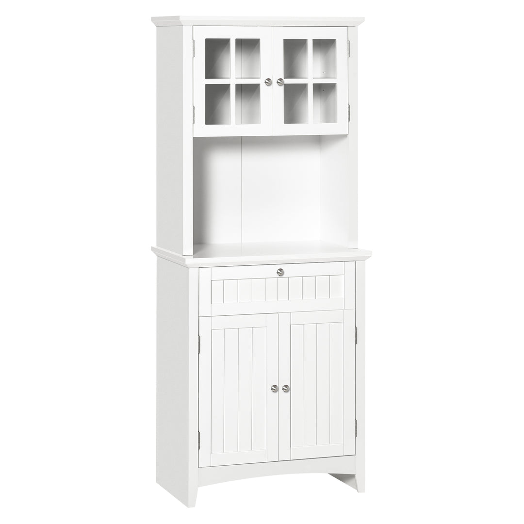 Kitchen Cupboard, Wooden Storage Cabinet with Framed Glass Door, Drawer, Microwave Space for Dining and Living Room, White