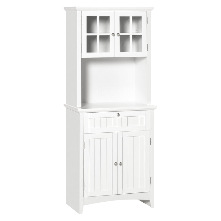 Kitchen Cupboard, Wooden Storage Cabinet with Framed Glass Door, Drawer, Microwave Space for Dining and Living Room, White