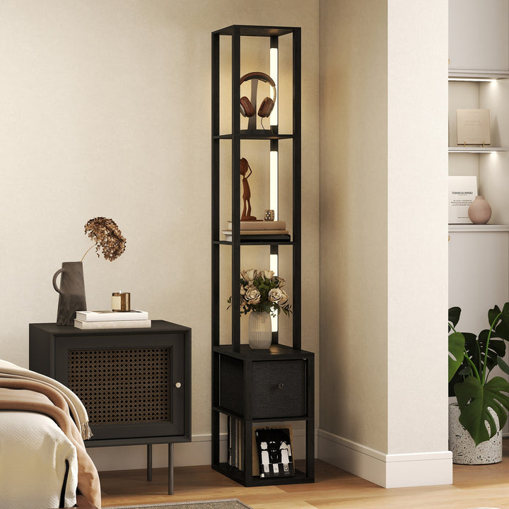 Floor Lamp with Shelves, LED Column Modern Standing Lamp with Fabric Drawer, Adjustable Brightness, Foot Switch for Living Room, Bedroom, Office, Black